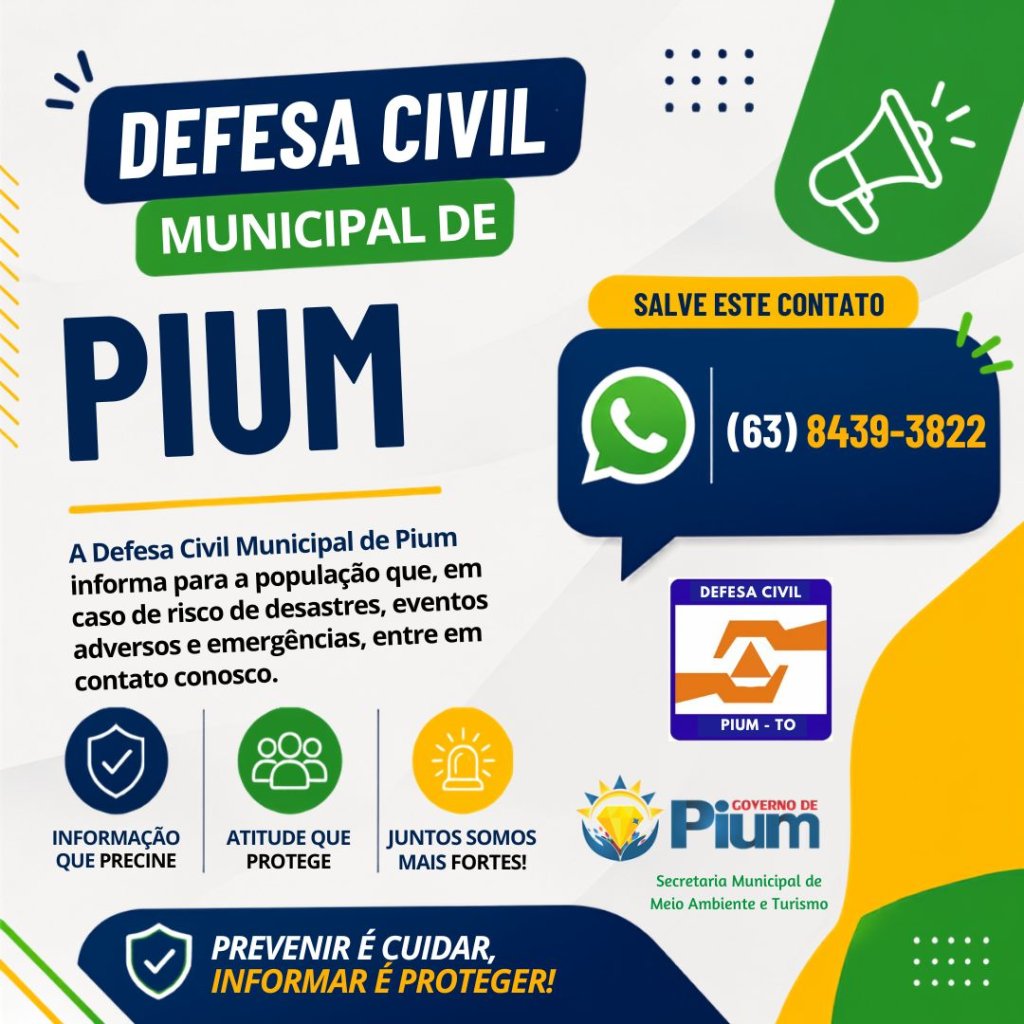 DEFESA CIVIL MUNICIPAL DE PIUM DIVULGA CANAL DE ATENDIMENTO À POPULAÇÃO